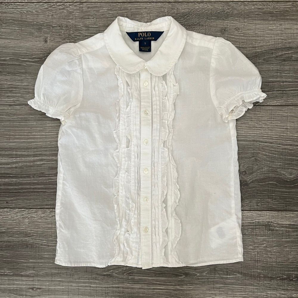 Polo Ralph Lauren Girls White Cotton Blouse size 5 Short Sleeve Pintuck Pleats